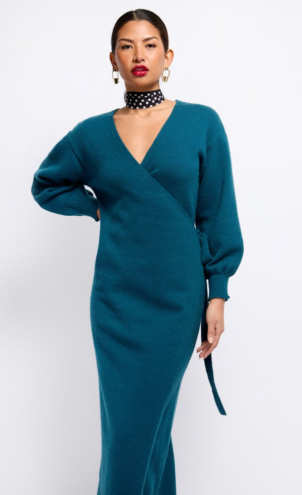 Little Mistress Petrol Knit Midaxi Wrap Dress