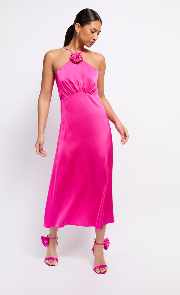 Little Mistress Pink Satin Rosette Midaxi Dress