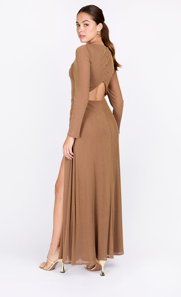 Little Mistress Taupe Lurex Long Sleeve Maxi Dress