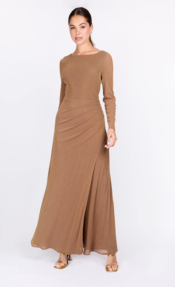 little mistress Taupe Lurex Long Sleeve Maxi Dress