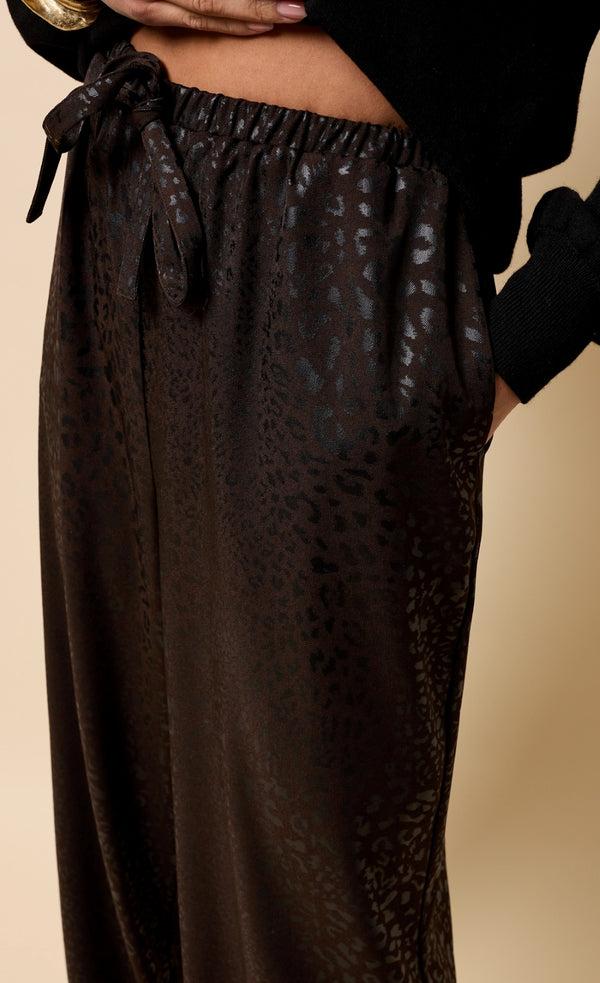 Little Mistress Lorena Chocolate Animal Texture Satin Wide Leg Trousers
