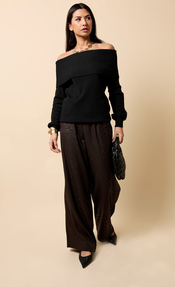 little mistress Lorena Chocolate Animal Texture Satin Wide Leg Trousers