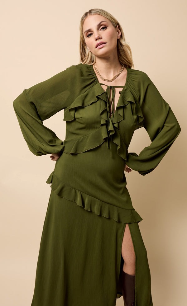 Little Mistress Lumière Khaki Chiffon Ruffle Maxi Dress