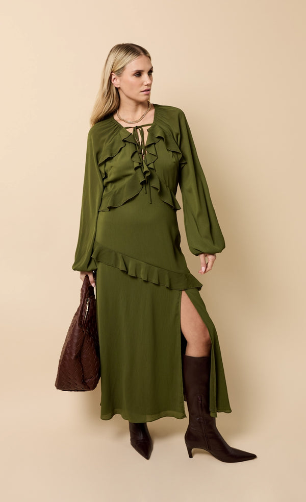 little mistress Lumière Khaki Chiffon Ruffle Maxi Dress