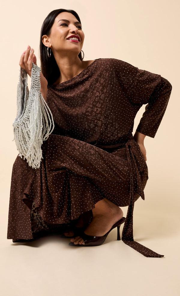Little Mistress Lysandra Chocolate Animal Texture Gem Wrap Midaxi Dress