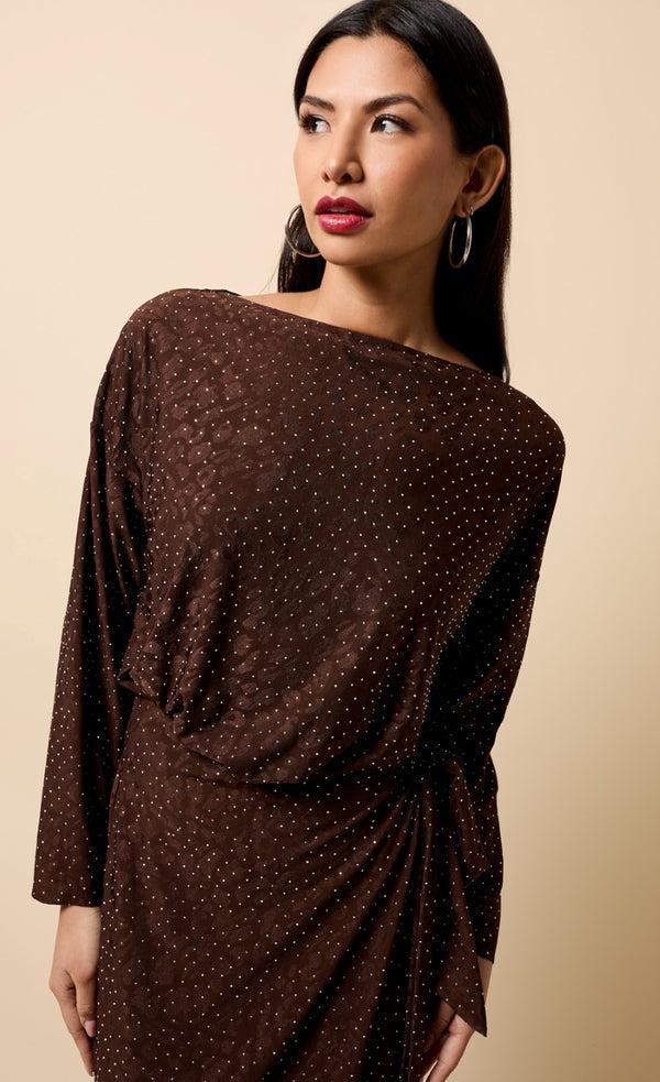 Little Mistress Lysandra Chocolate Animal Texture Gem Wrap Midaxi Dress