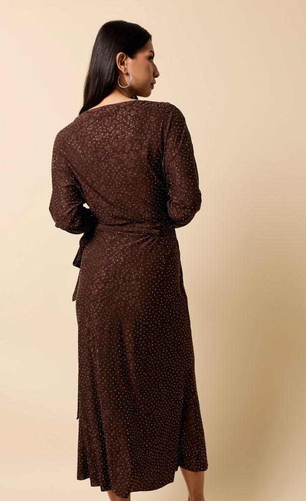 Little Mistress Lysandra Chocolate Animal Texture Gem Wrap Midaxi Dress