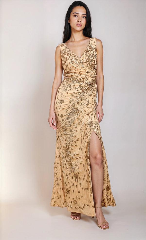 Little Mistress Nadia Gold Sequin Embellished Side Gather Maxi Dress