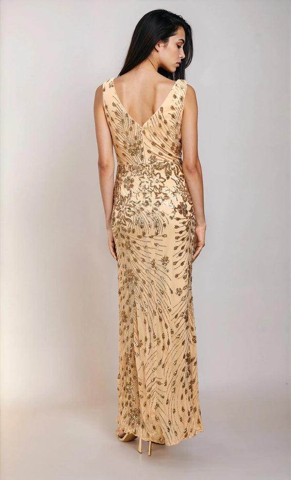Little Mistress Nadia Gold Sequin Embellished Side Gather Maxi Dress