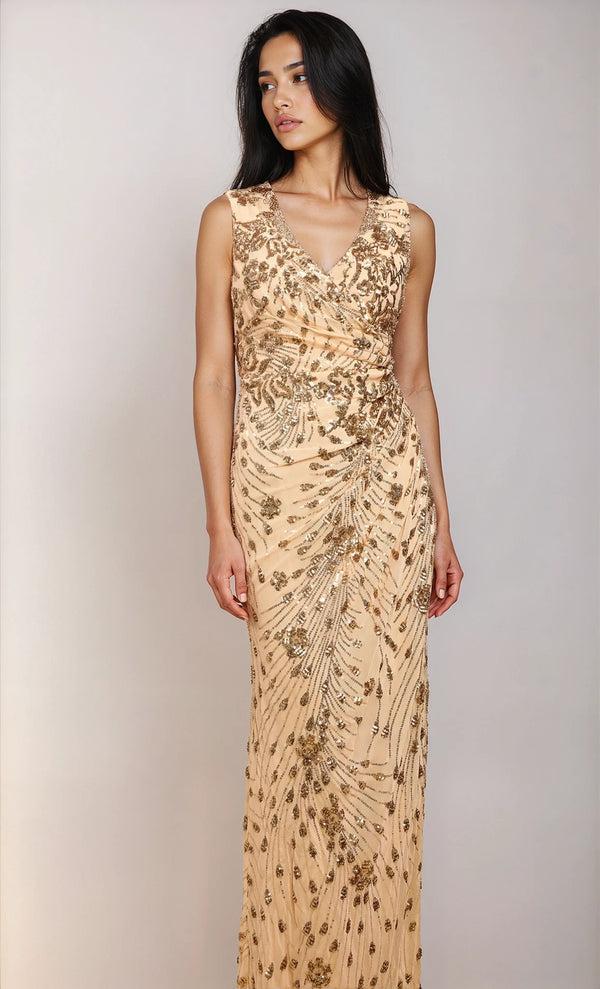 little mistress Nadia Gold Sequin Embellished Side Gather Maxi Dress