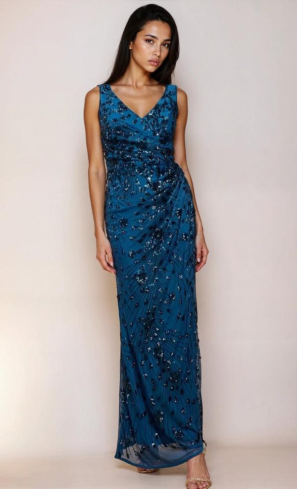 little mistress Nadia Navy Sequin Embellished Side Gather Maxi Dress