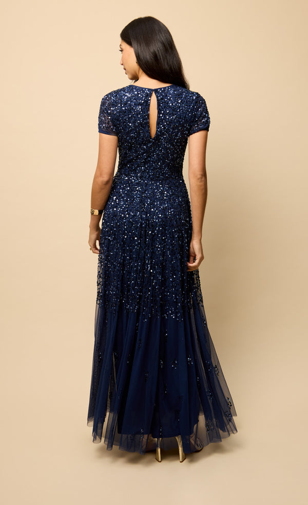 Little Mistress Navy Short Sleeve Embellished Maxi Dress
