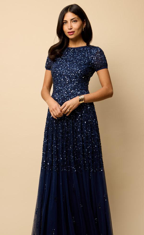 Little Mistress Navy Short Sleeve Embellished Maxi Dress