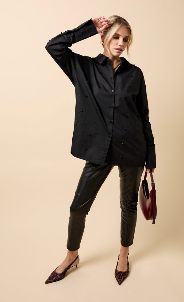 Little Mistress Oriane Black Cotton Pearl Embellished Shirt