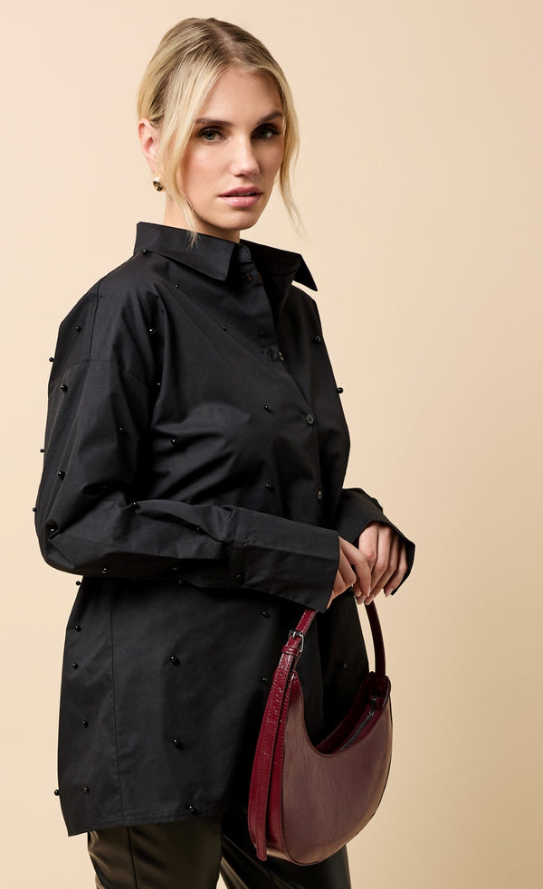 little mistress Oriane Black Cotton Pearl Embellished Shirt