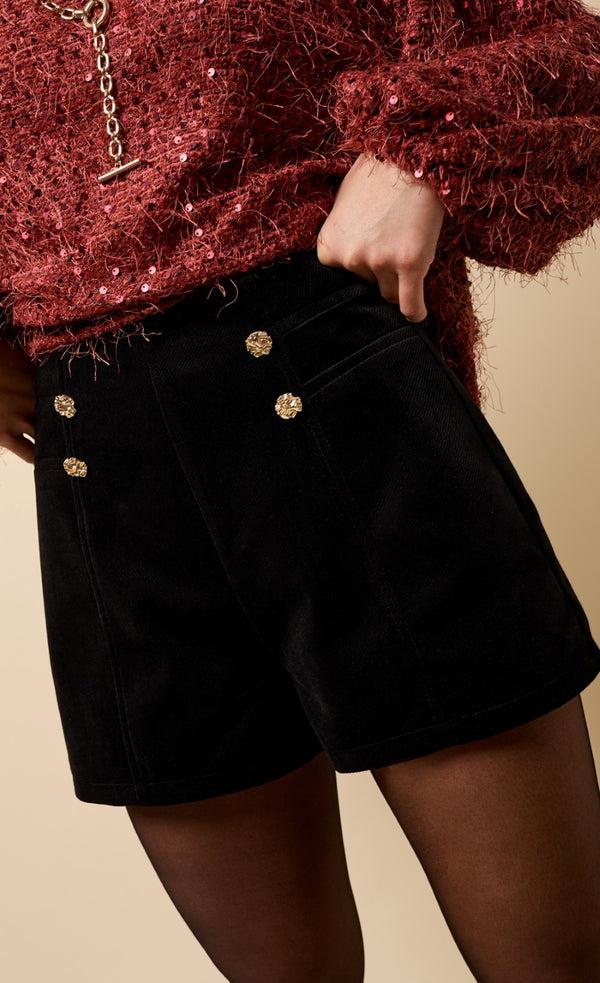 Little Mistress Paloma Black Velvet Button Detail Shorts
