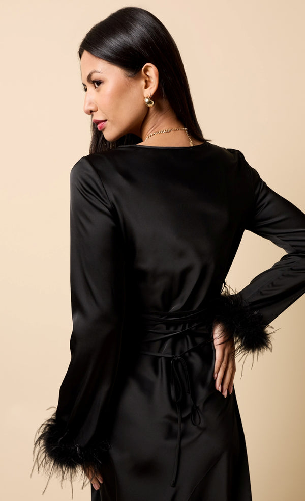 Little Mistress Riviera Black Satin Feather Trim Sleeve Midaxi Dress