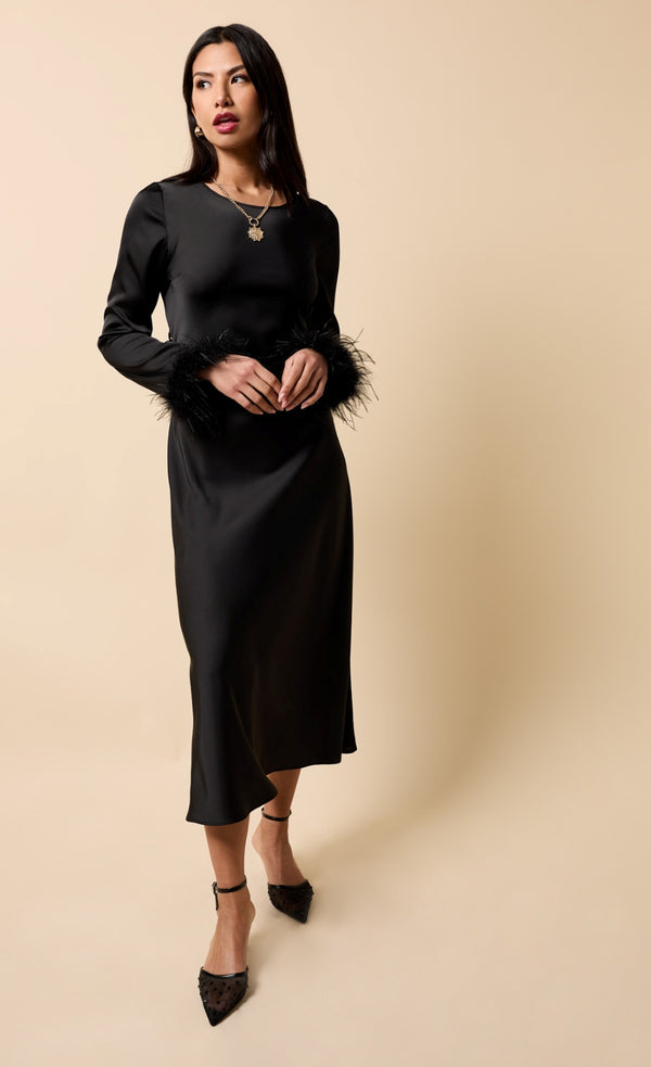 Little Mistress Riviera Black Satin Feather Trim Sleeve Midaxi Dress