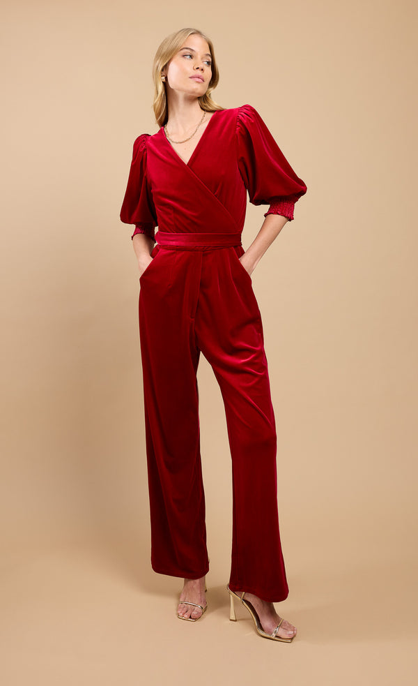 little mistress Ruby Red Velvet Wide Leg Jumpsuit by Vicky Pattison
