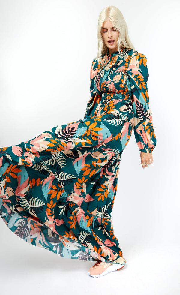 Little Mistress Ryder Leaf Print Shirt Style Maxi Dress