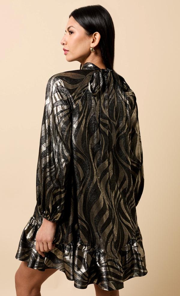 Little Mistress Sabine Black And Gold Foil Print Mini Dress