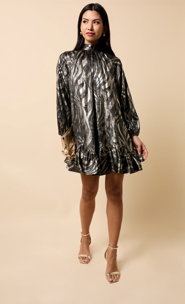 Little Mistress Sabine Black And Gold Foil Print Mini Dress