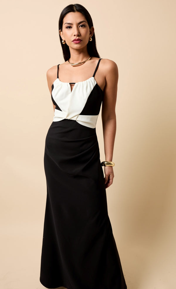 Little Mistress Sariah Black And Cream Contrast Maxi Dress