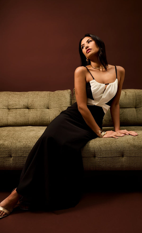 little mistress Sariah Black and Cream Contrast Maxi Dress