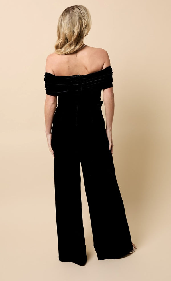 Little Mistress Selene Black Velvet Bow Detail Bardot Jumpsuit