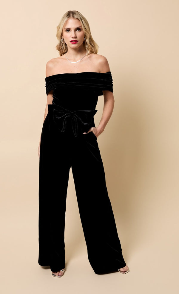 little mistress Selene Black Velvet Bow Detail Bardot Jumpsuit