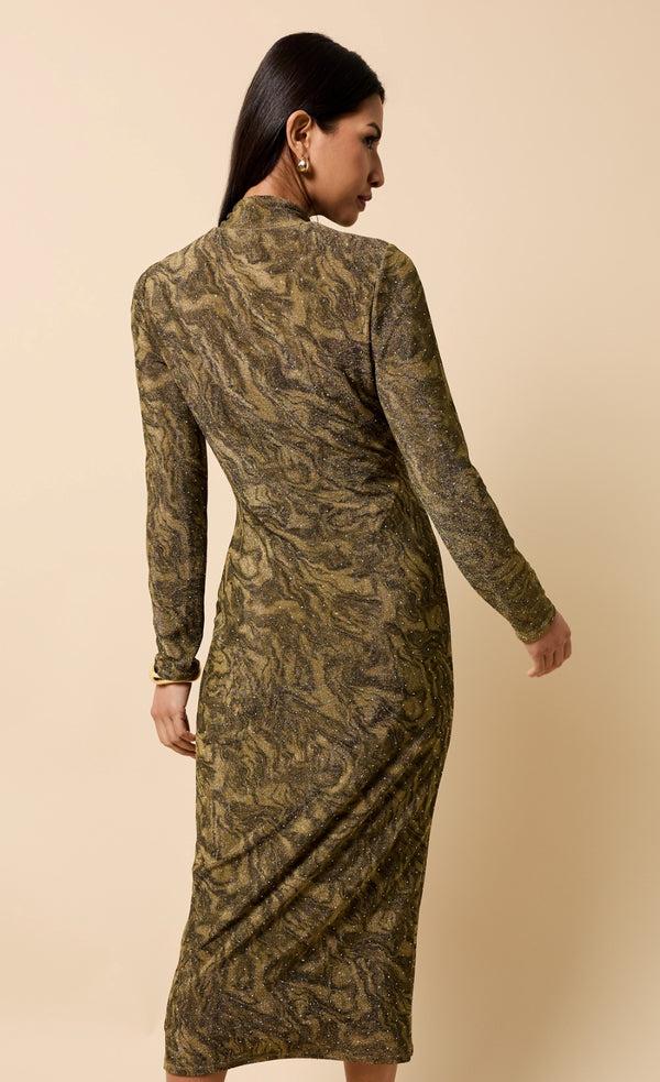 Little Mistress Seraphine Gold Print Lurex Midaxi Dress