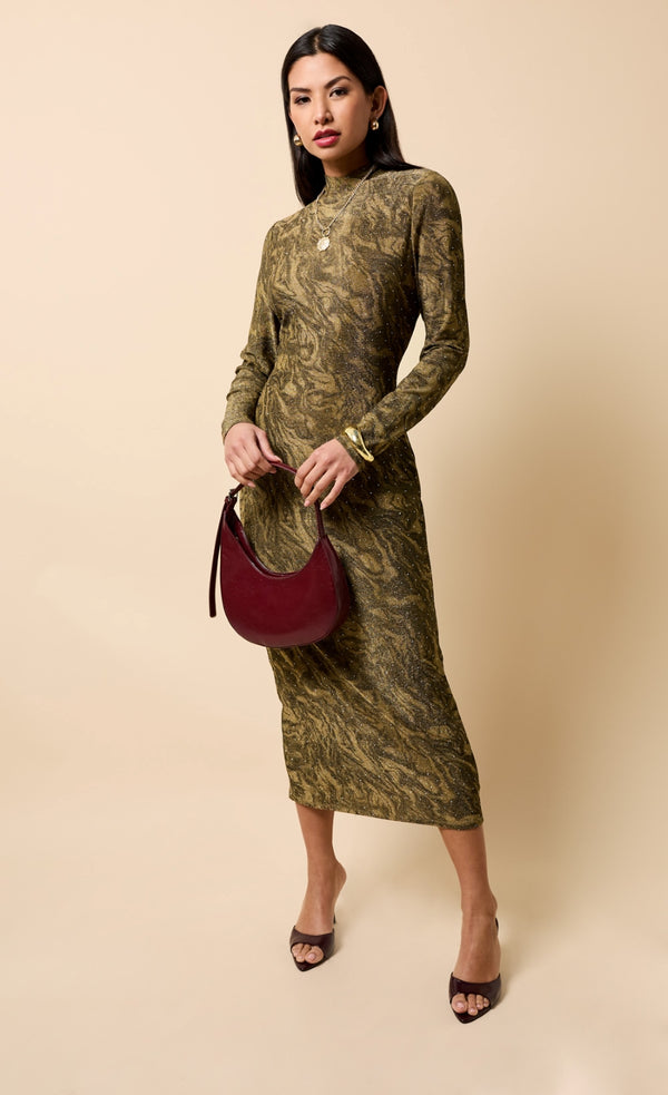 Little Mistress Seraphine Gold Print Lurex Midaxi Dress