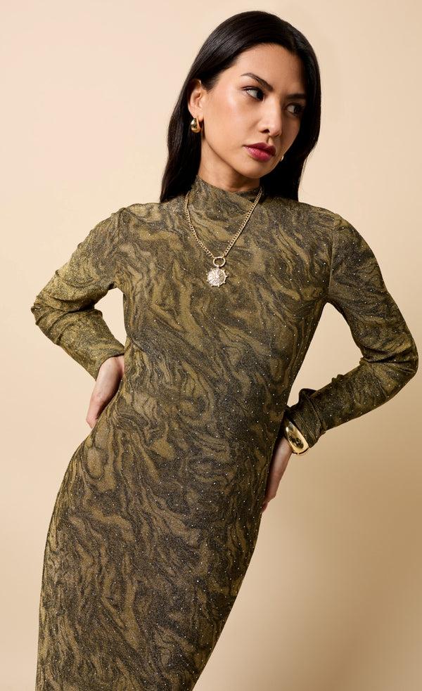 Little Mistress Seraphine Gold Print Lurex Midaxi Dress