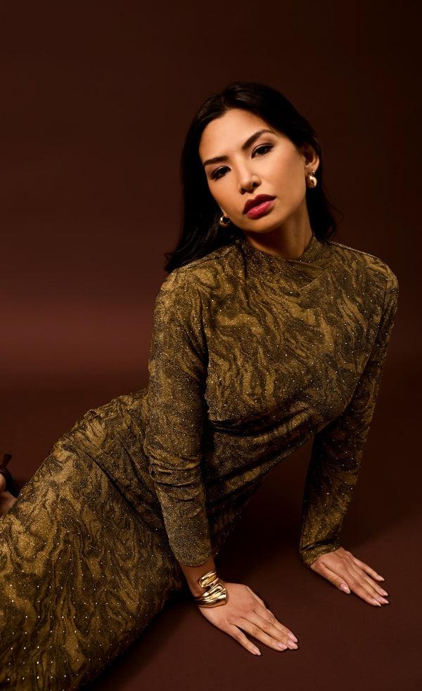 little mistress Seraphine Gold Print Lurex Midaxi Dress