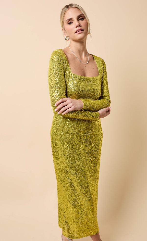 Little Mistress Solange Lime Sequin Square Neck Midaxi Dress