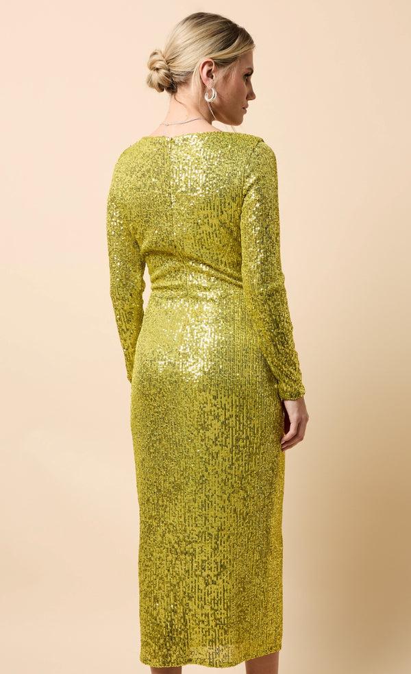 Little Mistress Solange Lime Sequin Square Neck Midaxi Dress