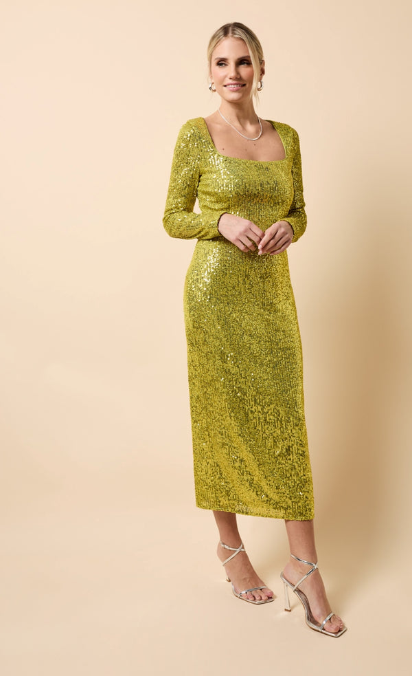 little mistress Solange Lime Sequin Square Neck Midaxi Dress
