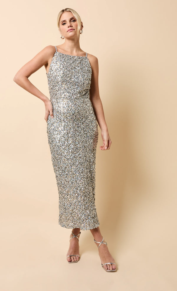 Little Mistress Soleil Silver And Gold Sequin Midaxi Dress