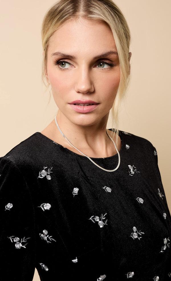 Little Mistress Sondra Black Velvet Embroidered Mini Dress