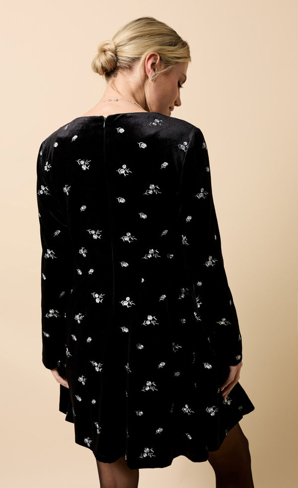 Little Mistress Sondra Black Velvet Embroidered Mini Dress