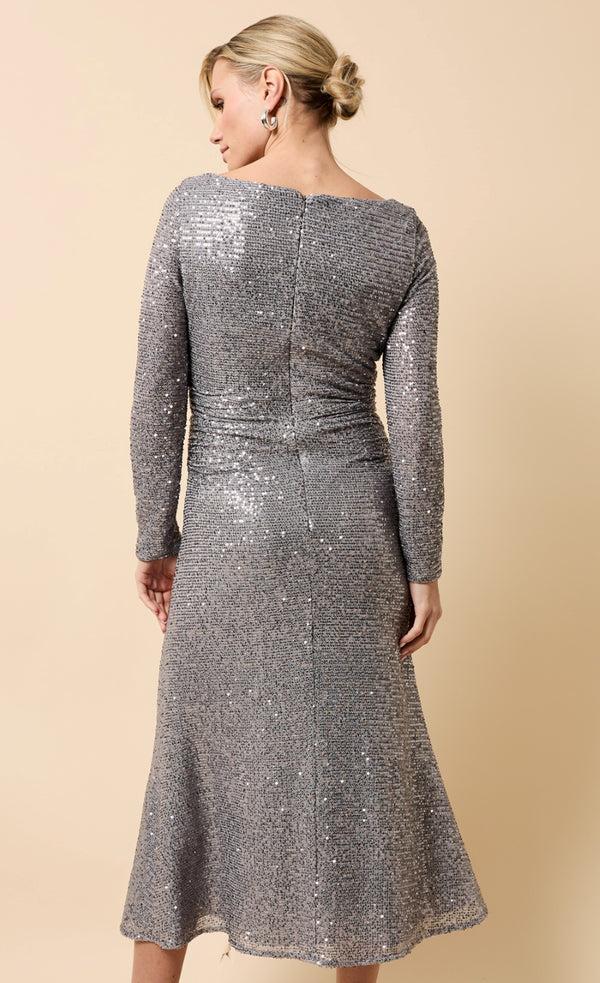 Little Mistress Tahlia Grey Gathered Sequin Midaxi Dress