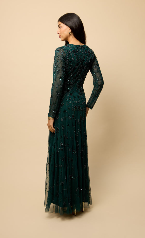 Little Mistress Teal Long Sleeve Embellished Maxi Dress