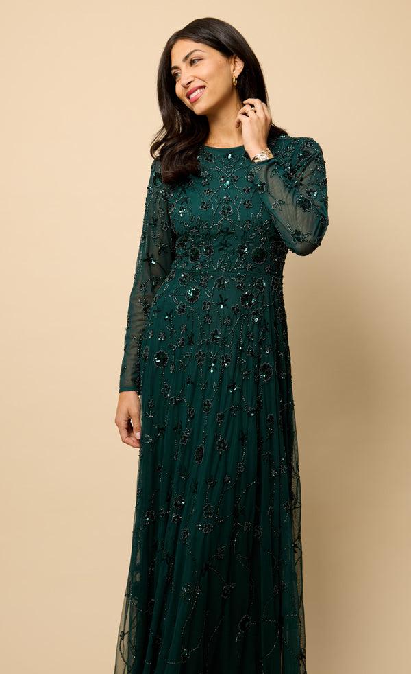 Little Mistress Teal Long Sleeve Embellished Maxi Dress