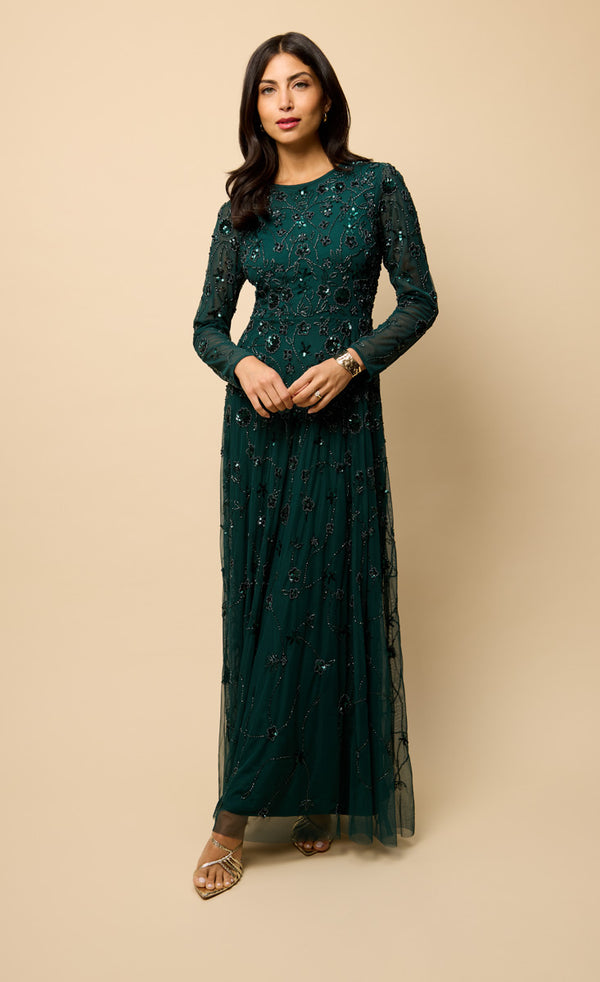 little mistress Teal Long Sleeve Embellished Maxi Dress