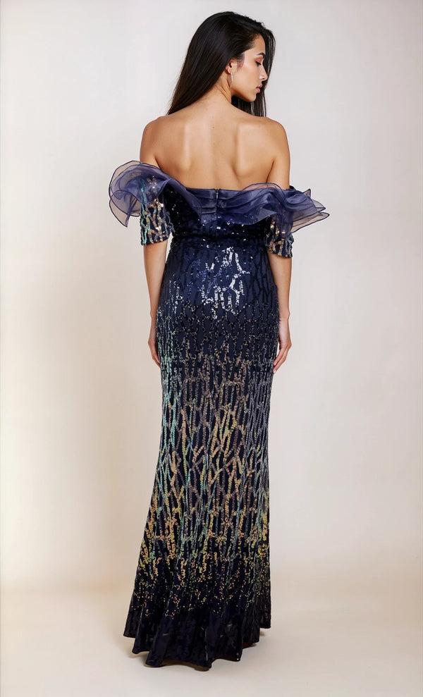 Little Mistress Thalia Navy Sequin Ombre Maxi Dress With Organza Ruffle Neckline