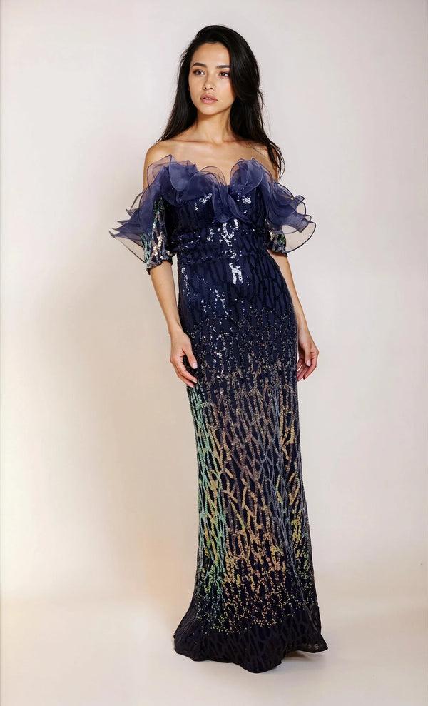 little mistress Thalia Navy Sequin Ombre Maxi Dress with Organza Ruffle Neckline