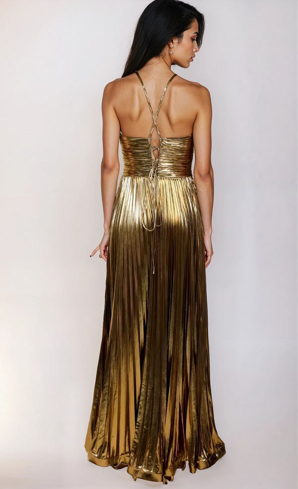 Little Mistress Valencia Gold Metallic Pleated Maxi Dress