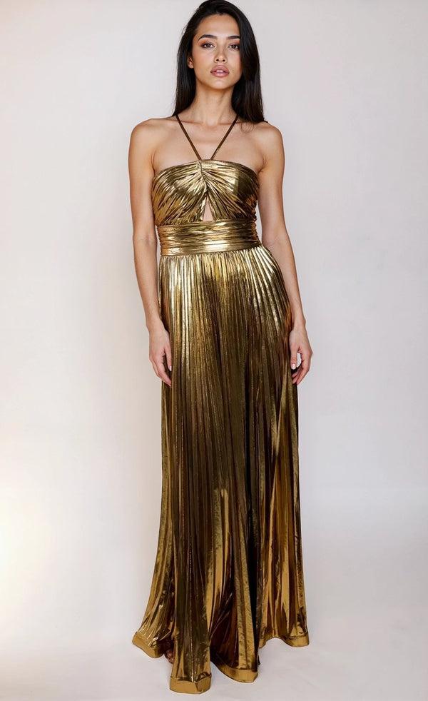 little mistress Valencia Gold Metallic Pleated Maxi Dress