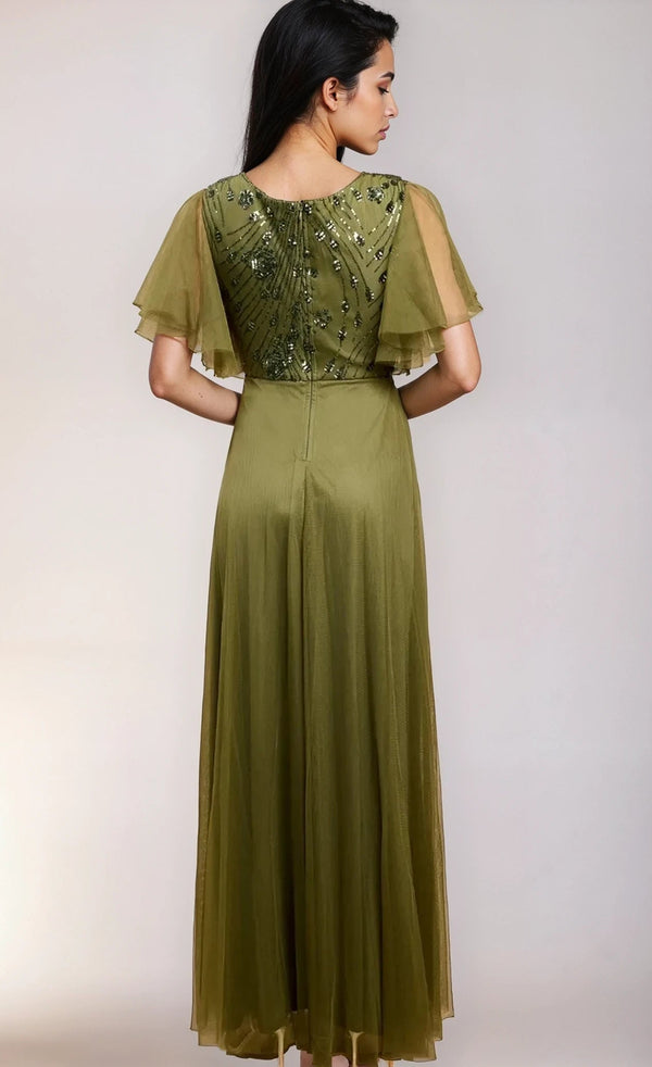 Little Mistress Valentina Khaki Green Angel Sleeve Sequin Maxi Dress