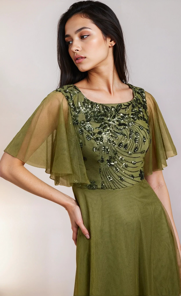 Little Mistress Valentina Khaki Green Angel Sleeve Sequin Maxi Dress